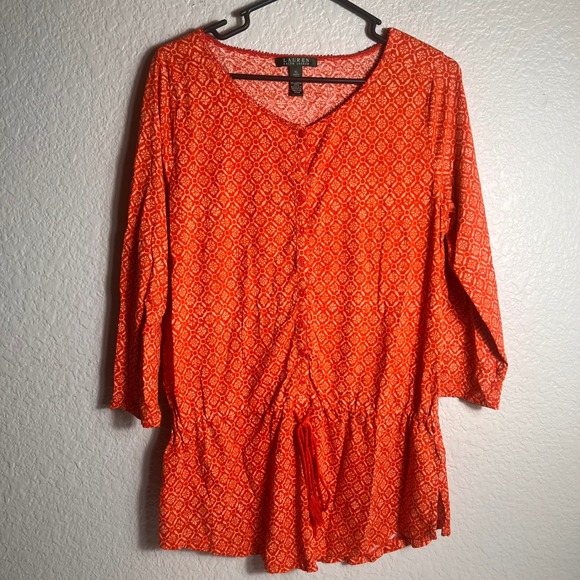 Lauren Ralph Lauren Orange Medallion Print 3/4 Sleeve Drawstring Tunic XL - Picture 1 of 4